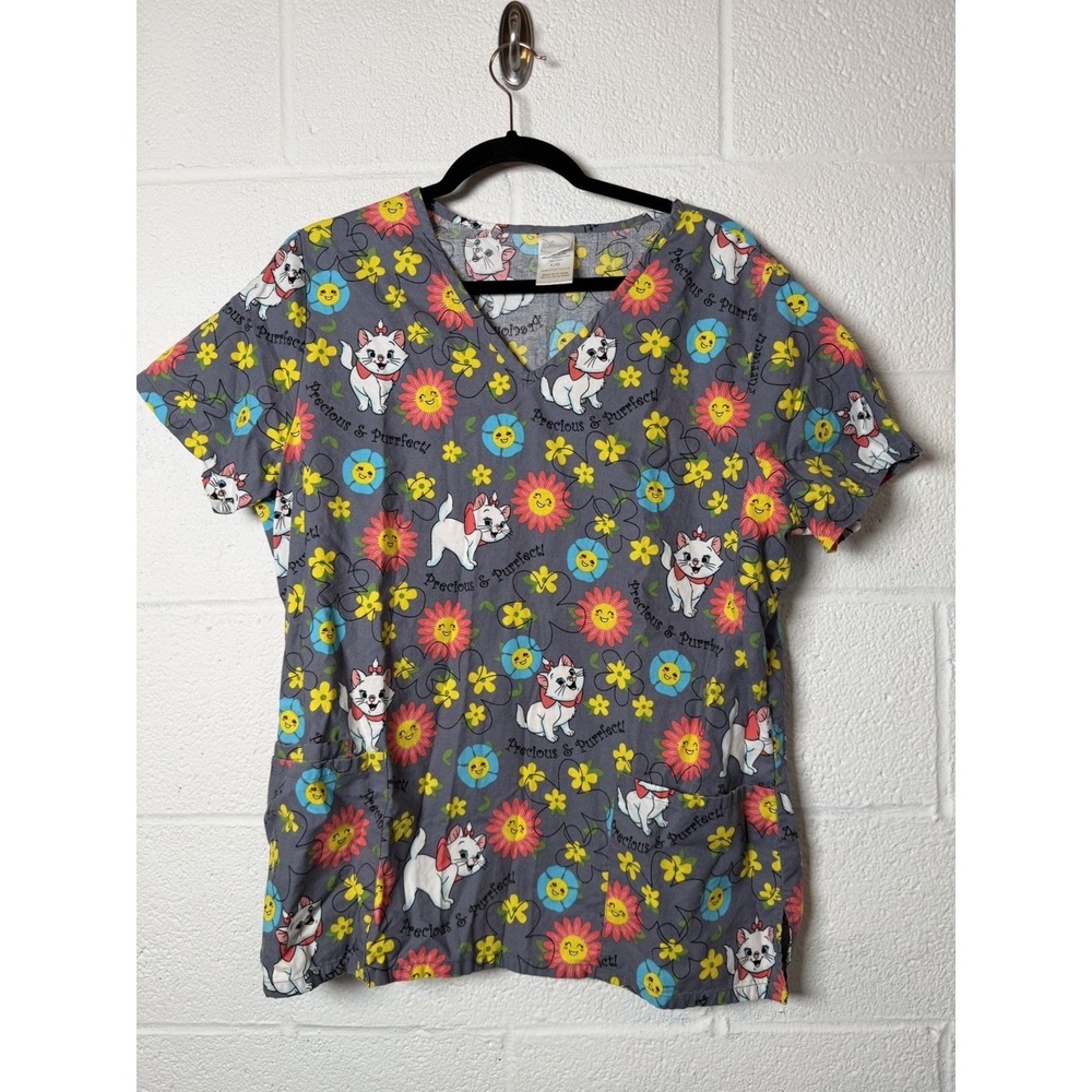 Disney Marie Aristocats Scrub Top L Gray Floral Precious & Purrfect